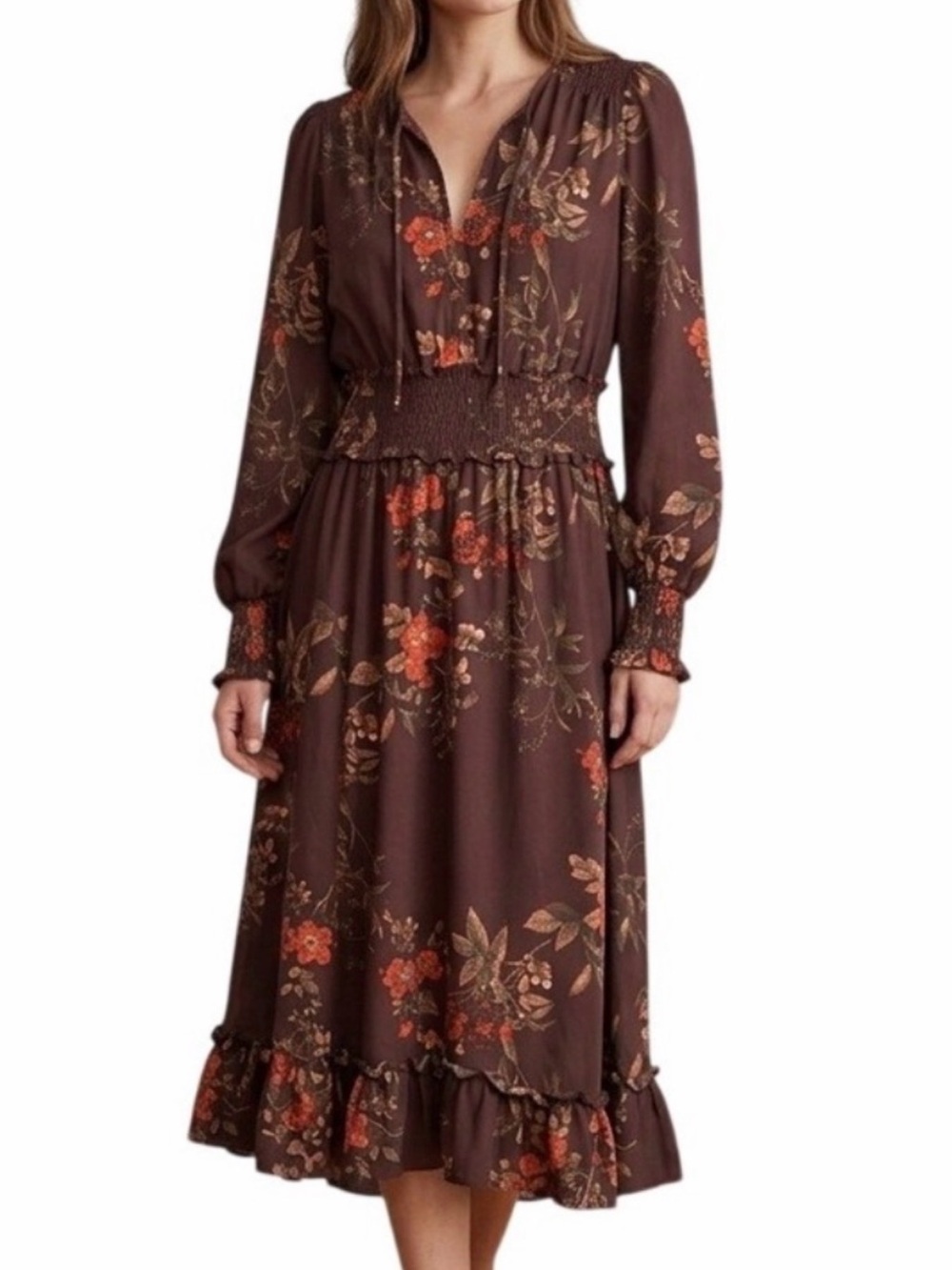 H&M Brown Floral Long Sleeve Smocked Waist Maxi Dress